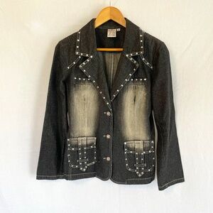 PARSLEY & SAGE Size Medium Black Denim Blazer Heavily Distressed Metal Rivets